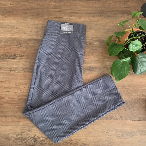 Van Heusen Straight Leg Super Stretch Pants - Light Grey & Blue Glen Check - Picture 2 of 3
